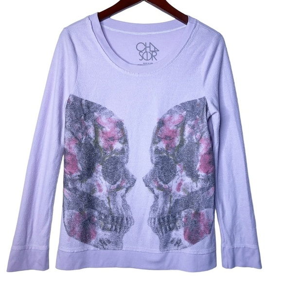 Chaser Twin Skulls Crew Neck Sweatshirt Top Size Medium in Pale Lavender - Picture 16 of 16